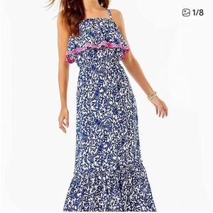 Lilly‎ Pulitzer Lobstah Roll Maxi Dress Navy White Pink Ruffle Trim Medium